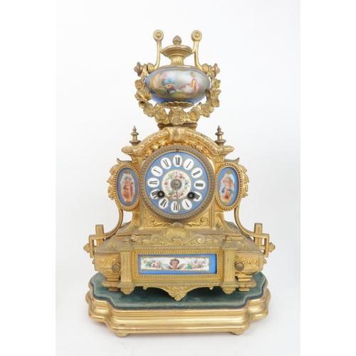 2194 - A FRENCH ORMOLU MANTEL CLOCKwith Sevres style panels and dial, with Japy Freres movement, 35cm high,... 