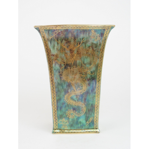 2205 - A WEDGWOOD DAISY MAKEIG JONES DESIGN FAIRYLAND LUSTRE VASEthe square tapering vase with dragon detai... 