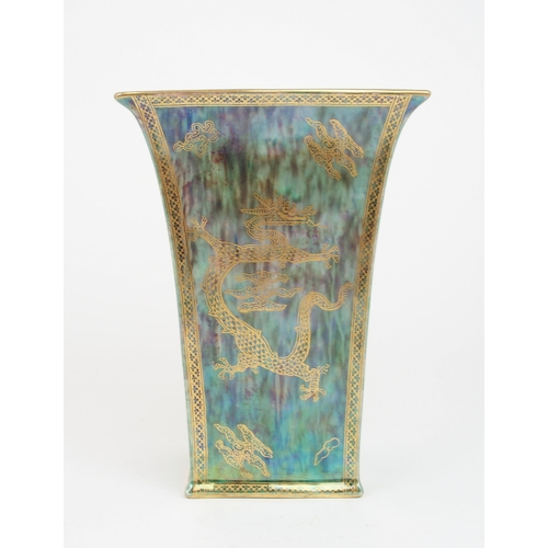 2205 - A WEDGWOOD DAISY MAKEIG JONES DESIGN FAIRYLAND LUSTRE VASEthe square tapering vase with dragon detai... 