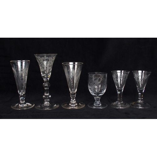 2206 - A COLLECTION OF ANTIQUE DRINKING GLASSESincluding two ribbon twist glasses, one with bell bowl, a fo... 