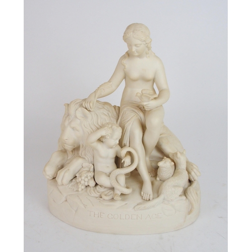 2232 - A PARIAN FIGURE GROUP 'THE GOLDEN AGE'modelled as a seated female, holding a dove, beside a lion, a ... 