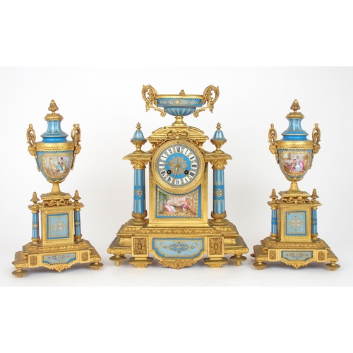 2233 - A SEVRES STYLE CLOCK GARNITUREthe clock with turquoise porcelain dial and panels, one painted with a... 