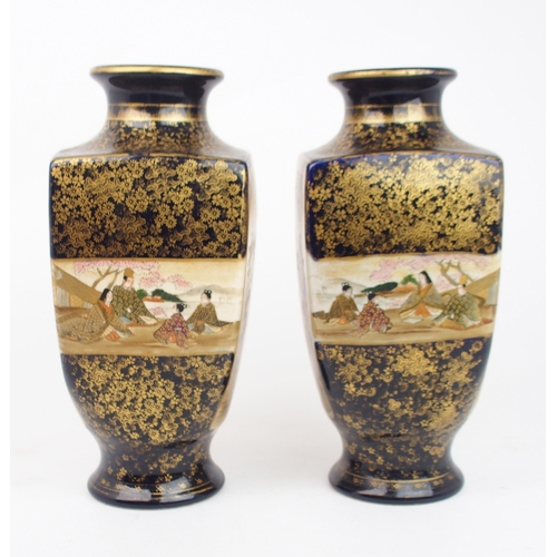 2368 - A PAIR OF SATSUMA SQUARE SHAPED VASES painted with panels of figures at various pastimes surrounded ... 