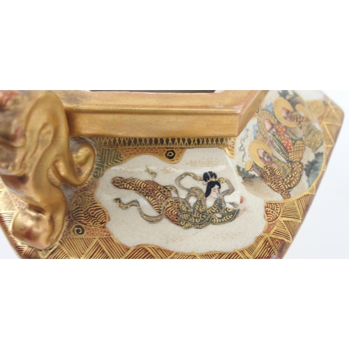 2369 - A SATSUMA HEXAGONAL KORO painted with Sennin, Kannon and other figures, with animal moulded handles ... 
