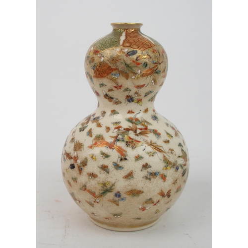 2372 - A SATSUMA DOUBLE GOURD VASEpainted with insects beneath diaper panels, signed, 12cm high, slender va... 