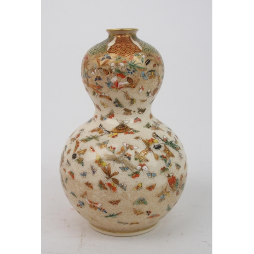 2372 - A SATSUMA DOUBLE GOURD VASEpainted with insects beneath diaper panels, signed, 12cm high, slender va... 