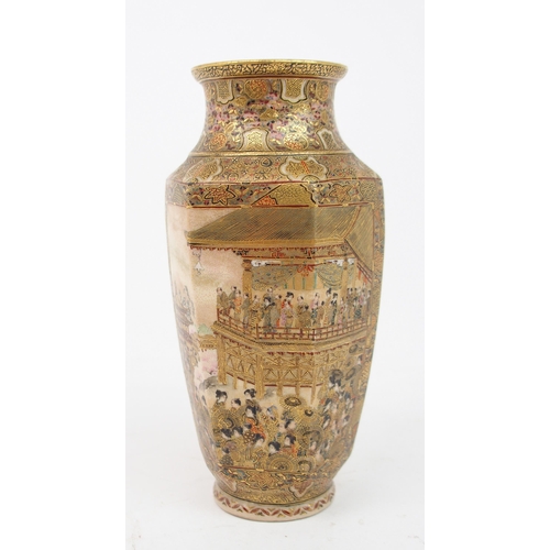 2373 - A SATSUMA HEXAGONAL VASE painted with two highly detailed panels of celebrations within dense foliag... 