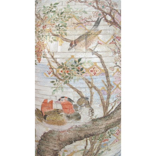2375 - A PAIR OF KAGA TWO HANDLED VASES painted with birds amongst flowers, fruit and foliage on a trellis ... 