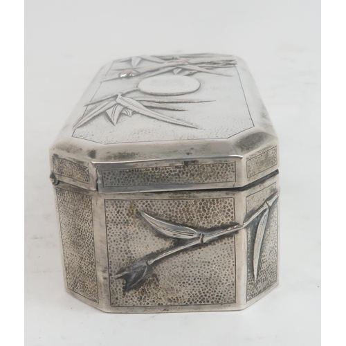 2378 - A CHINESE SILVER EXPORT OCTAGONAL BOX cast with bamboo, surrounding a monogrammed cartouche, stamped... 