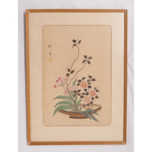 2399 - FIVE CHINESE PAINTINGS ON SILK 39 x 28cm,  a watercolour of a falcon amongst blossom, 27 x 37cm and ... 