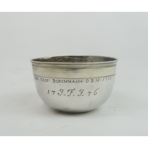 2462 - AN 18TH CENTURY GERMAN SILVER BOWLtown mark for Bamberg, makers mark CM, of plain form, with engrave... 