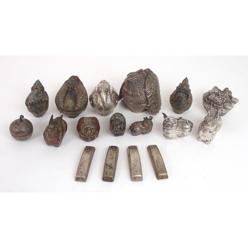 2484 - A COLLECTION OF CAMBODIAN WHITE METAL AND COPPER COLOURED ZOOMORPHIC BETEL BOXESfive modelled as bir... 