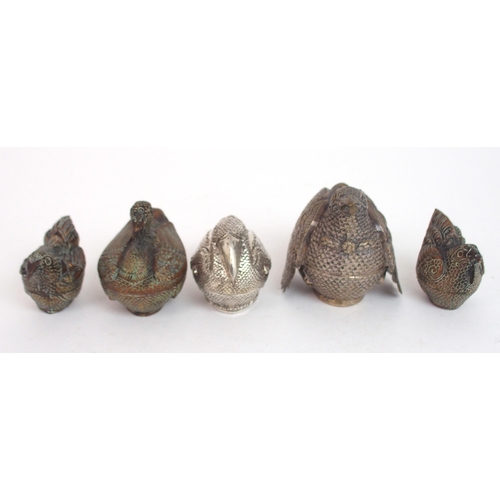 2484 - A COLLECTION OF CAMBODIAN WHITE METAL AND COPPER COLOURED ZOOMORPHIC BETEL BOXESfive modelled as bir... 