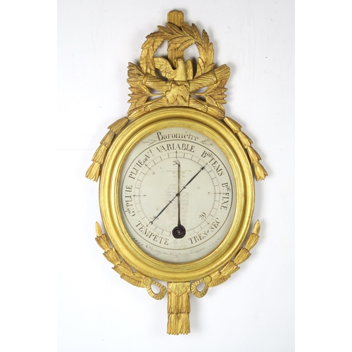 2551 - A FRENCH LATE 18TH CENTURY LOUIS XVI GILTWOOD-FRAMED BAROMETER/THERMOMETER BY A. GIZORSurmounted by ... 