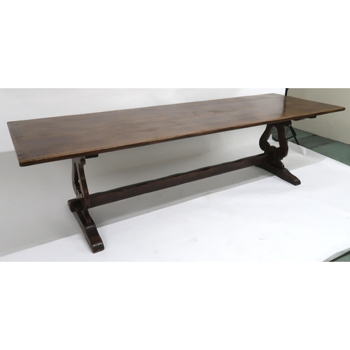 2047 - A LARGE 19TH CENTURY OAK REFECTORY TABLEwith rectangular top on lyre form supports joined by stretch... 