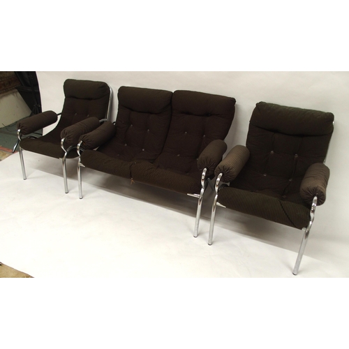2104 - A MID 20TH CENTURY CHROMED FRAMED THREE PIECE SUITEcomprising two seat sofa, 77cm high x 114cm wide ... 