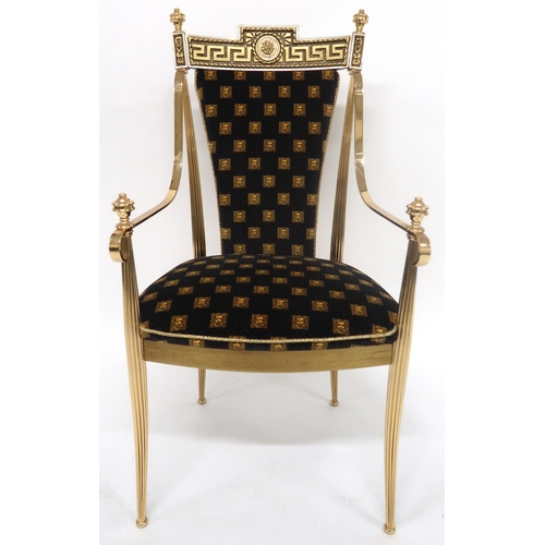 2117 - A 20TH CENTURY GILT FRAMED VERSACE STYLE BOUDOIR CHAIRwith lion masque patterned upholstered seat an... 
