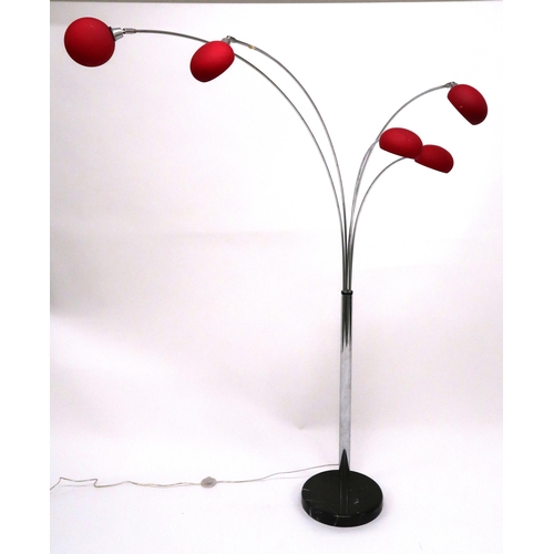 2120 - A 20TH CENTURY AFTER COTTEX FIVE BRANCH STANDARD LAMPwith five chromed arms terminating in red glass... 