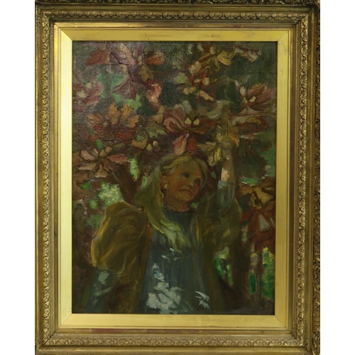 2918 - SCOTTISH SCHOOL GIRL BENEATH BLOSSOM Oil on canvas, 39 x 29cm (15.25 x 11.5