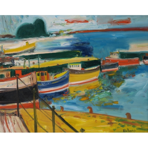 2930 - JOHN BELLANY CBE RA (SCOTTISH 1942-2013)BOATS IN A HARBOUR Oil on canvas, signed lower right, 60 x 7... 