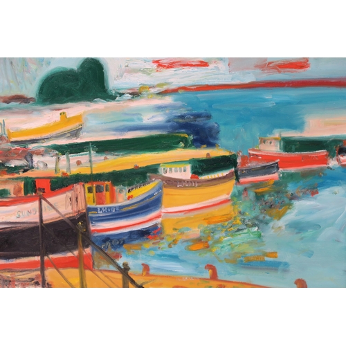 2930 - JOHN BELLANY CBE RA (SCOTTISH 1942-2013)BOATS IN A HARBOUR Oil on canvas, signed lower right, 60 x 7... 