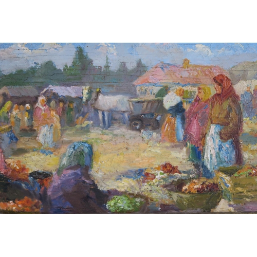 2936 - E* E*THE MARKET Oil on panel, signed indistinctly lower left, 24 x 70cm (9.5 x 27.5