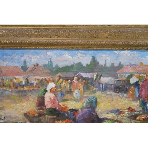 2936 - E* E*THE MARKET Oil on panel, signed indistinctly lower left, 24 x 70cm (9.5 x 27.5