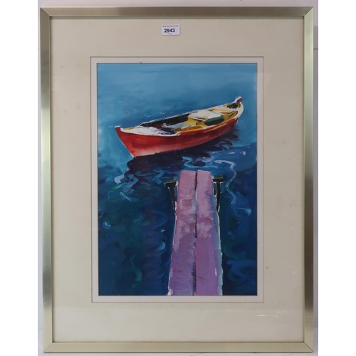 2943 - DONALD HAMILTON FRASER RA (SCOTTISH 1929-2009) BOAT AND JETTY Oil on paper, signed lower left, 48 x ... 
