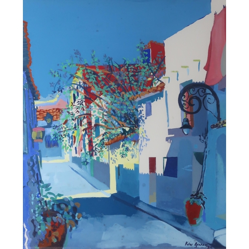 2954 - PETER GRAHAM (SCOTTISH b.1959)SPANISH STREET Acrylic on board, signed lower right, dated (19)89... 