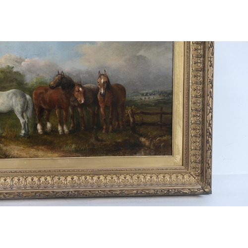2955 - ENGLISH SCHOOL (c.1900)HORSES BY A VILLAGEOil on canvas, 54 x 76.5cm (21 x 30