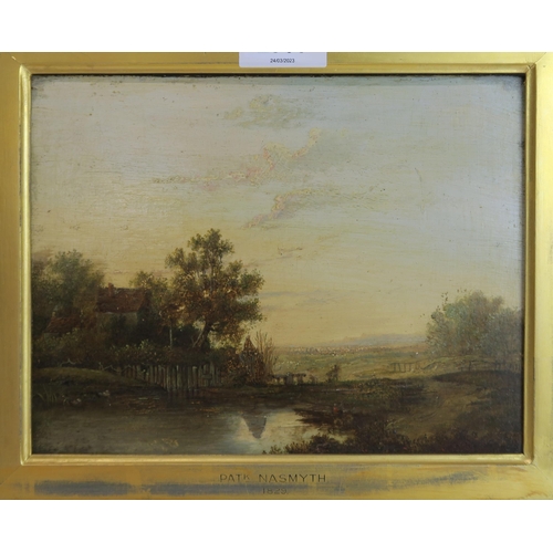 2963 - ATTRIBUTED TO PATRICK NASMYTH (SCOTTISH 1787-1831)MILL LANDSCAPE WITH DISTANT TOWN Oil on panel, bea... 