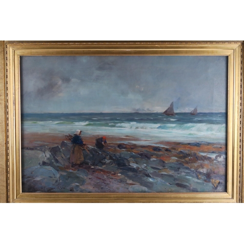 2964 - DAVID FULTON RSW (SCOTTISH 1848-1930) BEACHCOMBERS ON A ROCKY SHORE Oil on canvas, signed lower left... 