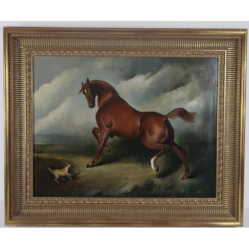 2972 - EDWARD HASELL MCCOSH (SCOTTISH b.1949)HORSE AND DOG IN AN OPEN LANDSCAPEOil on board, signed lower l... 