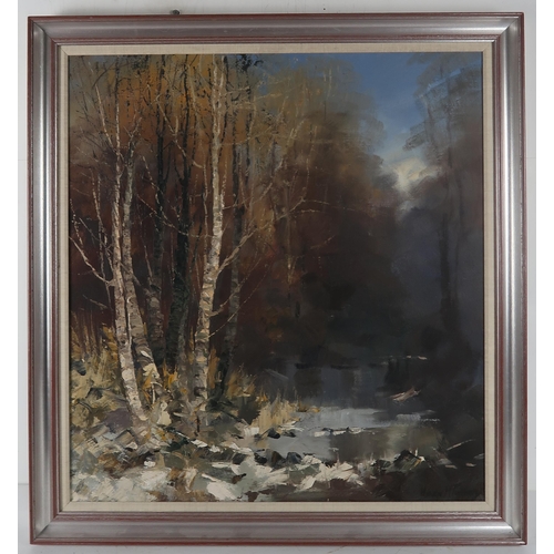 2973 - HELEN M TURNER (SCOTTISH b.1937)BIRCHWOOD AND RIVEROil on canvas, signed lower right, 77 x 72cm (30.... 