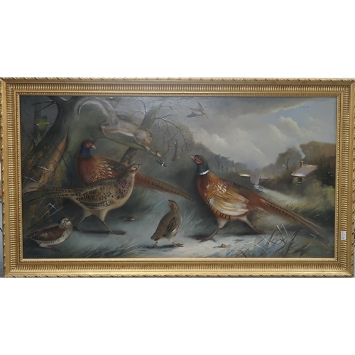 2976 - EDWARD HASELL MCCOSH (SCOTTISH b.1949)PHEASANTS, FOWL AND SQUIRREL IN A LANDSCAPEOil on canvas, sign... 