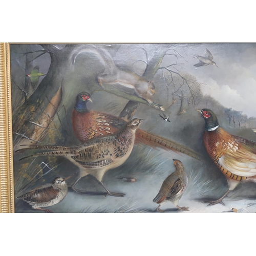 2976 - EDWARD HASELL MCCOSH (SCOTTISH b.1949)PHEASANTS, FOWL AND SQUIRREL IN A LANDSCAPEOil on canvas, sign... 