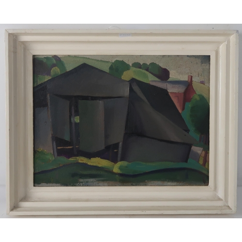2980 - WILLIAM MCCANCE (SCOTTISH, 1894-1970)BOATHOUSE ON A CANAL 1928Oil on board, bears title verso, 26 x ... 