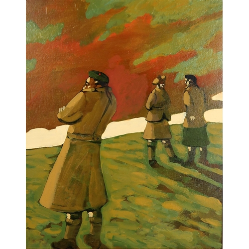 3009 - DONALD MACLEOD (SCOTTISH 1956-2018)SOLDIERS AT EASEOil on board, 48 x 38.5cm (19 x 15