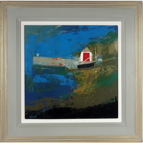 3014 - GEORGE BIRRELL (b. 1950)BOATHOUSE AND JETTYMixed media, signed lower left, 38 x 38cm (15 x 15