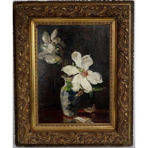 3024 - KATE WYLIE (SCOTTISH 1877-1941)WINTER ROSES IN CHINESE VASEOil on canvasboard, signed lower left, 40... 