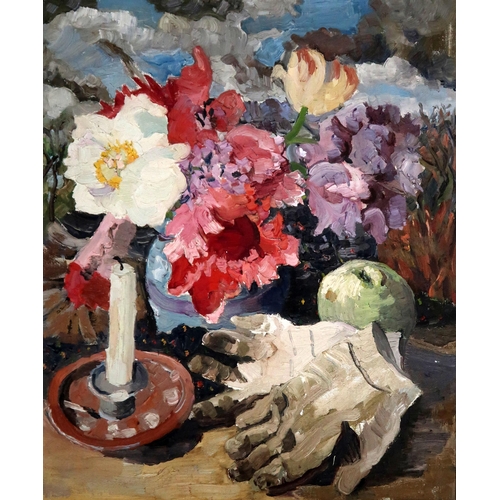 3029 - LUCY HARWOOD (BRITISH 1893-1972)STILL LIFE OF MIXED FLOWERS, CANDLESTICK AND GARDENING GLOVESOil on ... 