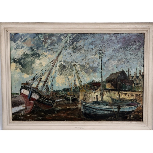 3033 - GEORGE HANN (BRITISH 1900-1979)HARBOUR AT LOW TIDEOil on board, signed lower right, 60 x 90cm (24 x ... 