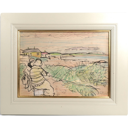 2934 - GEORGE LESLIE HUNTER (SCOTTISH 1877-1931)A BLETHER ON LARGO BEACHInk and crayon on paper, signed low... 