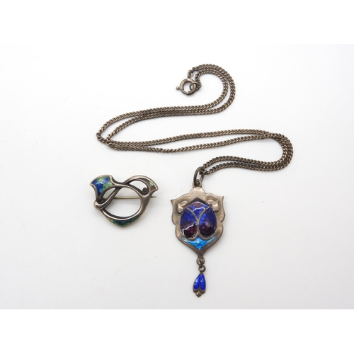 952 - A silver James Fenton, enamelled pendant, and a enamelled (af) Art Nouveau brooch