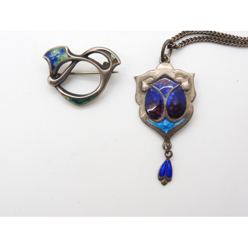 952 - A silver James Fenton, enamelled pendant, and a enamelled (af) Art Nouveau brooch