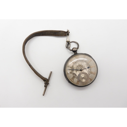 954 - A silver open face pocket watch with leather fob strap, hallmarked London 1864, the mechanism signed... 