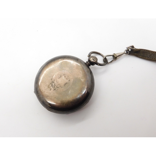 954 - A silver open face pocket watch with leather fob strap, hallmarked London 1864, the mechanism signed... 