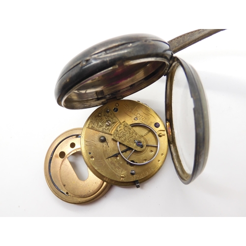 954 - A silver open face pocket watch with leather fob strap, hallmarked London 1864, the mechanism signed... 