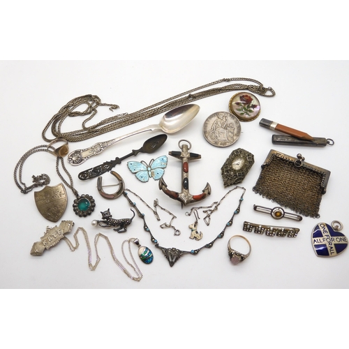 959 - A silver Peruvian coin brooch, dated 1885, a Victorian Glasgow silver spoon, A  white metal dress cl... 