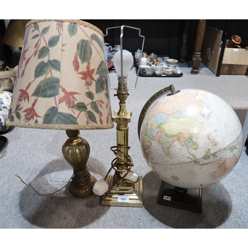 223 - Assorted table lamps, globe of the world and a  ewer